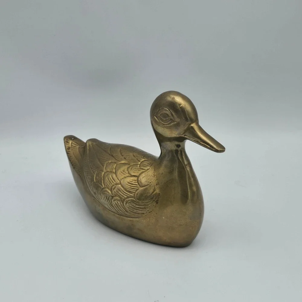 Vintage Solid Brass Duck Figurine Sculpture Detailed Feathers Warm Patina 6.5